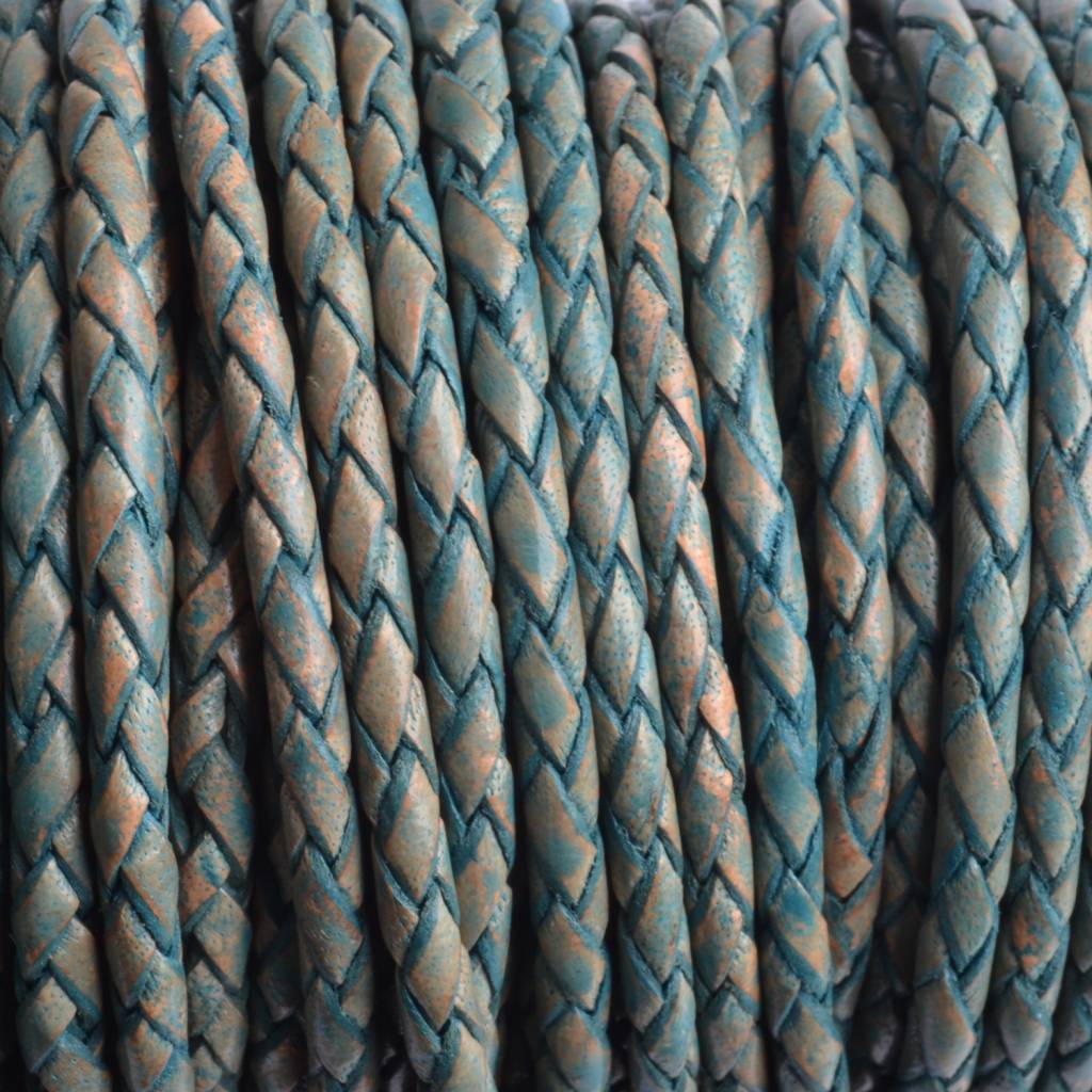 Rondgevlochten leer vintage sea blue 3mm - prijs per 20cm-Kraaltjes van Renate