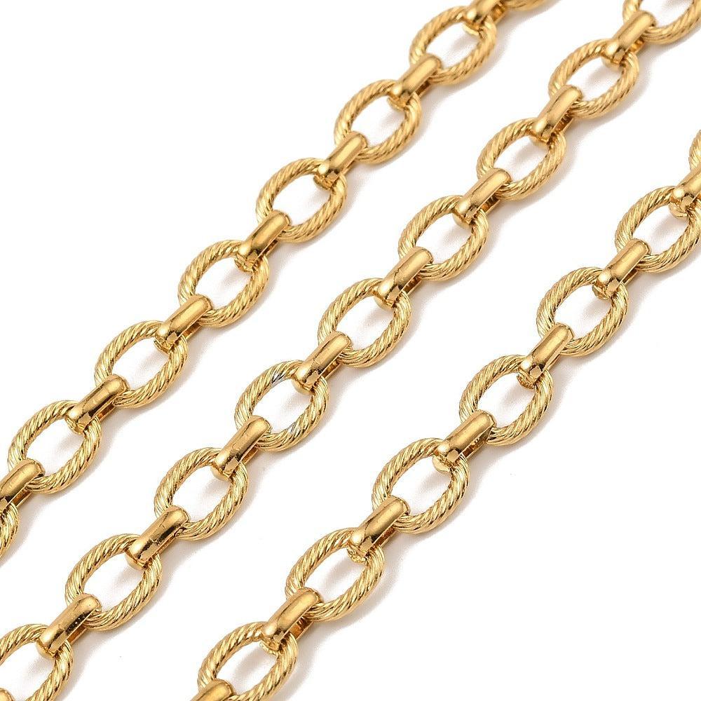 Schakel Ketting Getextureerd Premium 18k RVS Goud 9x6mm - per 10 cm-Ketting-Kraaltjes van Renate