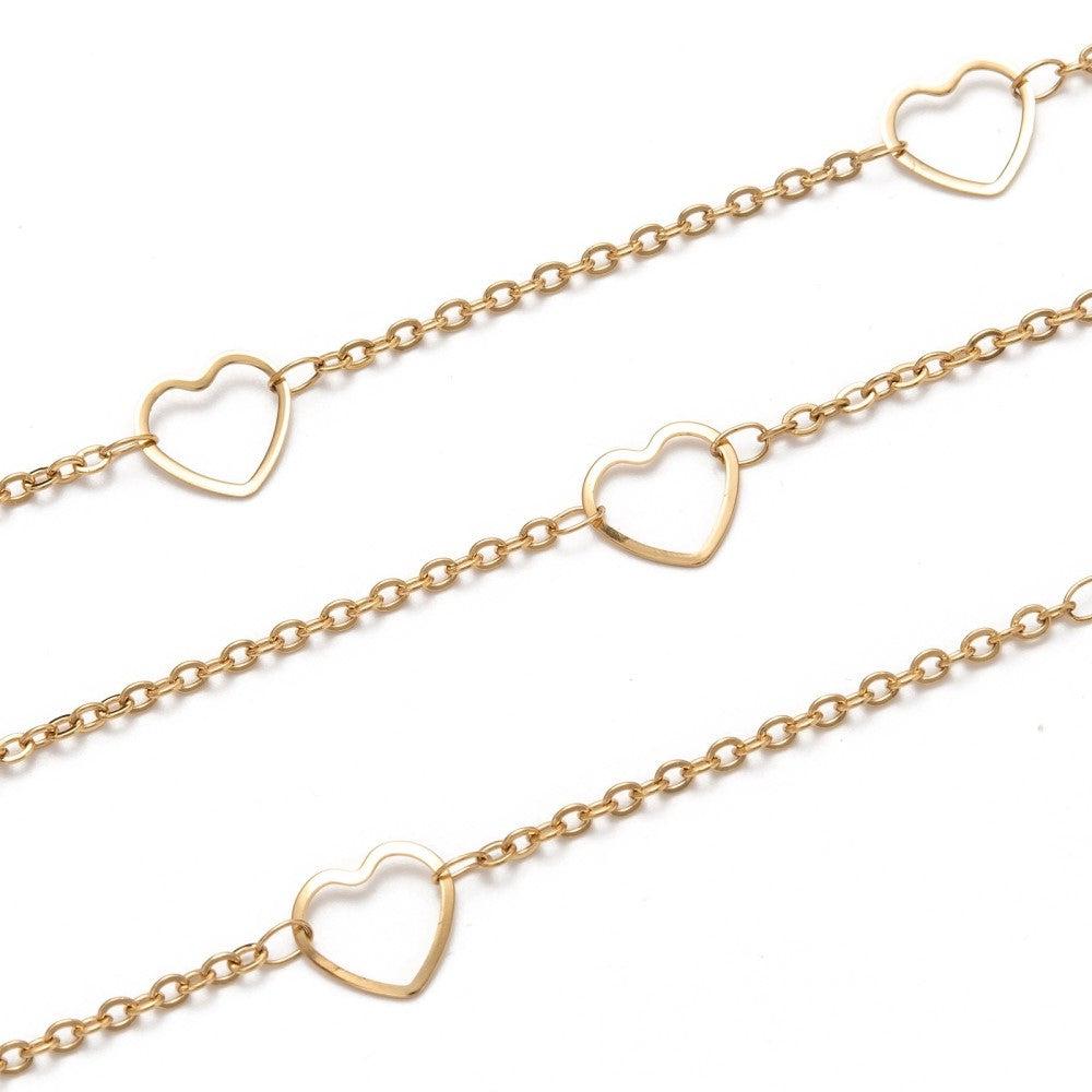 Schakelketting met hartjes RVS Goud 2mm - prijs per 10cm-ketting-Kraaltjes van Renate