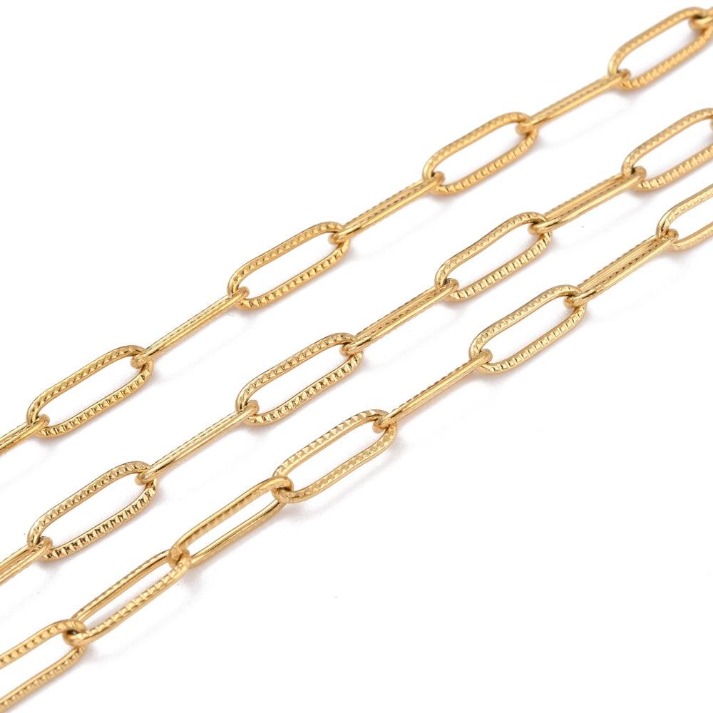 Schakelketting paperclip 18K RVS goud 12x4mm- per 10cm-ketting-Kraaltjes van Renate