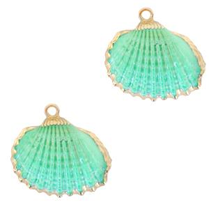 Schelp hanger Kokkel Gold-Spring turquoise green ±20x22mm-Kraaltjes van Renate