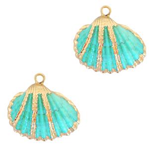 Schelp hanger Kokkel Gold-Turquoise blue ±20x22mm-Kraaltjes van Renate