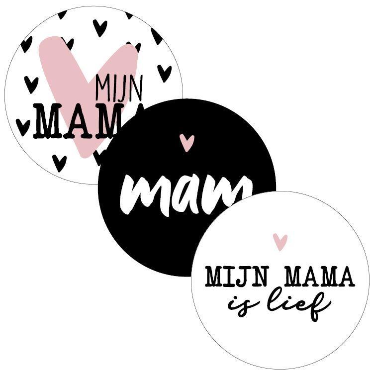 Stickers 'Mijn mama' wit/roze/zwart 40mm - 10 stuks-Kraaltjes van Renate