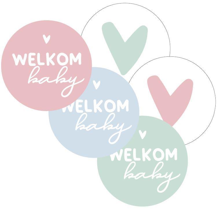 Stickers 'Welkom baby' wit/roze/blauw/groen 40mm - 10 stuks-Kraaltjes van Renate
