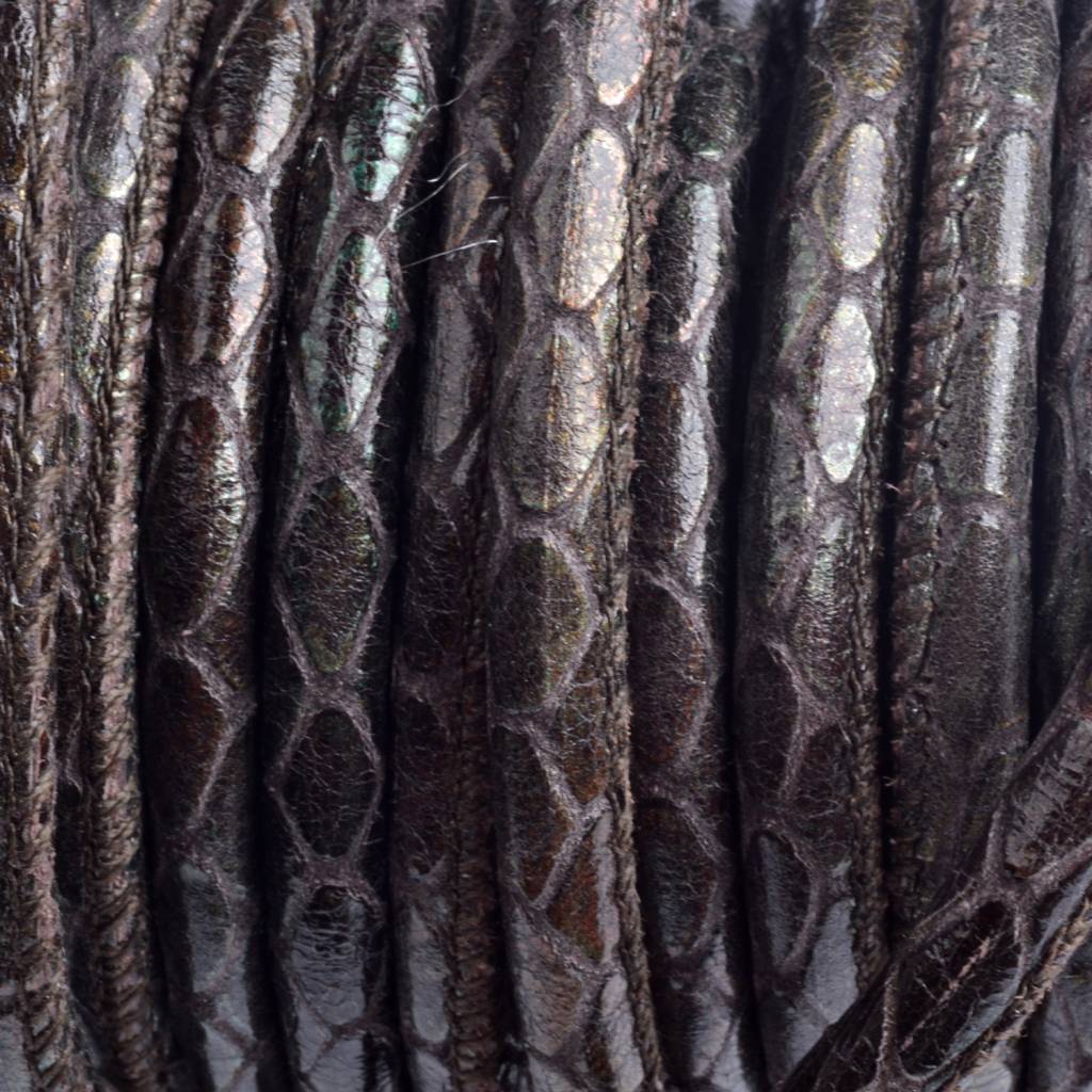 Stitched leer PQ donker bruin metallic snake 6mm - per cm-Kraaltjes van Renate