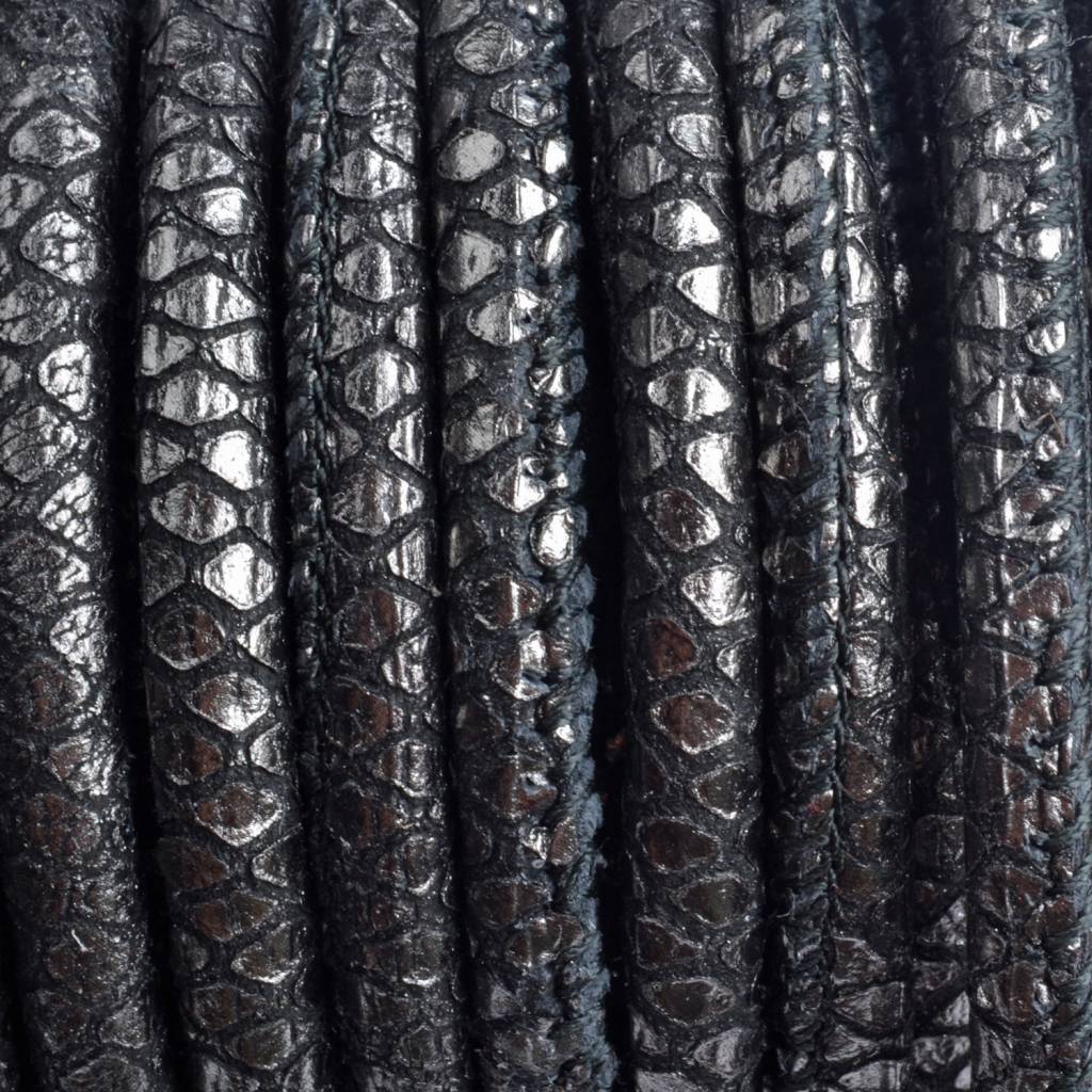 Stitched leer PQ zwart zilver snake 6mm - per cm-Kraaltjes van Renate