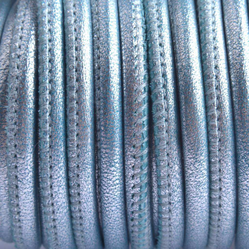 Stitched nappa PQ leer rond aqua metallic 4mm - prijs per cm-Kraaltjes van Renate