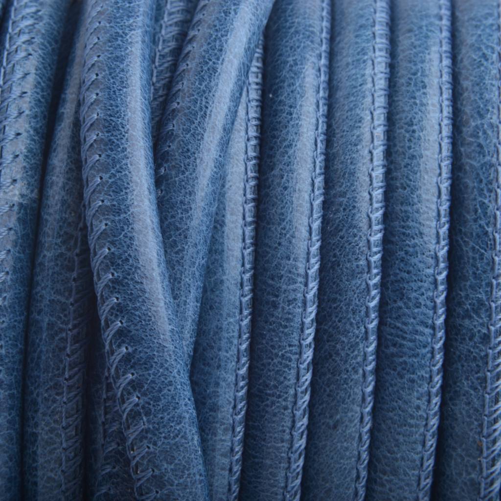 Stitched rond PQ leer Jeans Blauw 6mm - prijs per cm-Kraaltjes van Renate