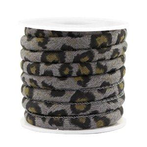 Trendy gestikt koord leopard print Grey 6x4mm - prijs per 20cm-Kraaltjes van Renate