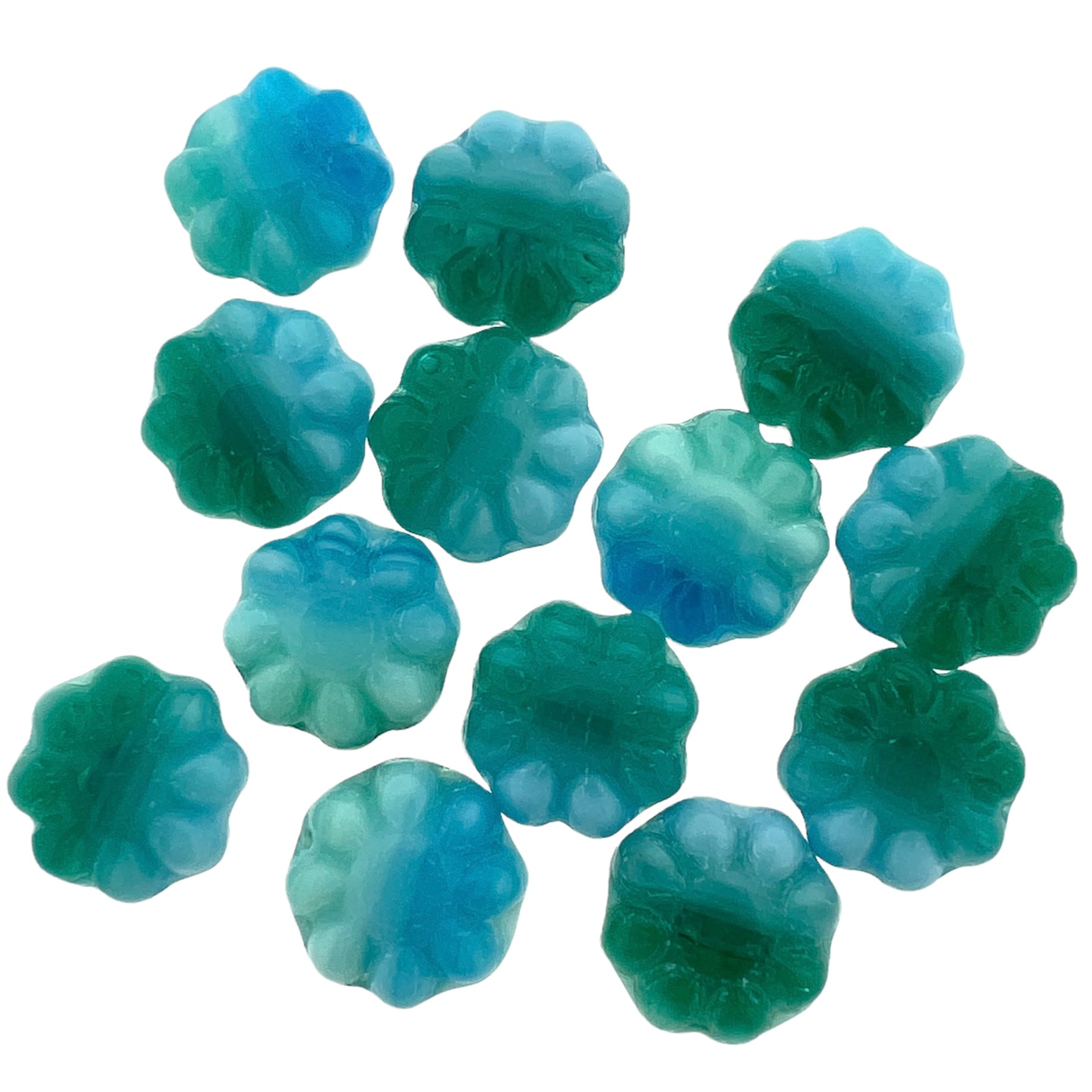 Tsjechisch glas bloemetjes blauw groen 9mm - 5 stuks-Kralen-Kraaltjes van Renate