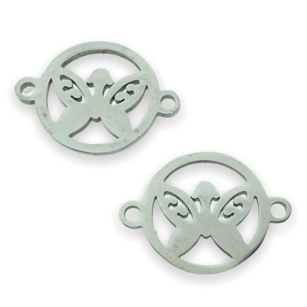 Tussenzetsel rond met vlinder RVS zilver 15x20mm-Kraaltjes van Renate