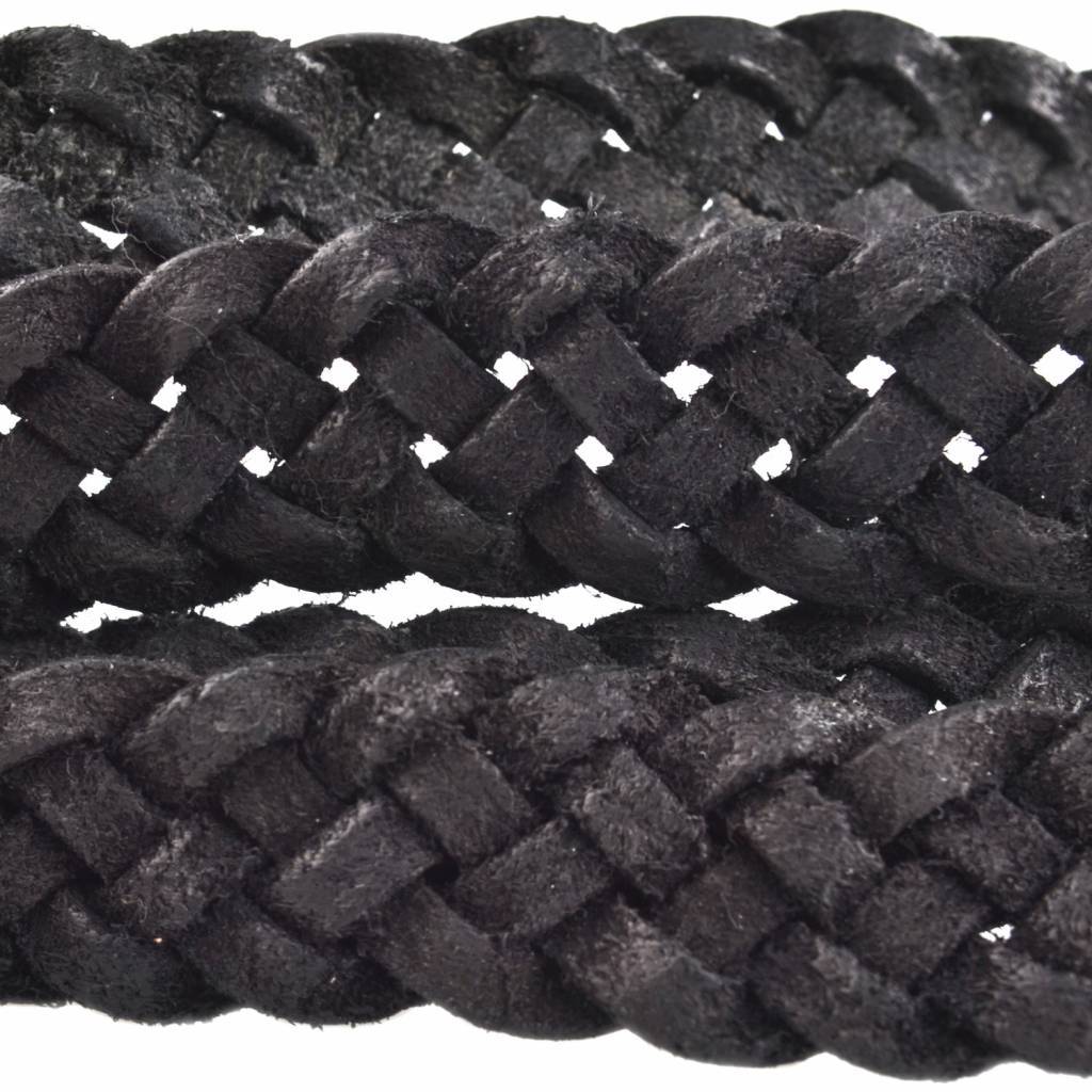 Vintage gevlochten leer geschuurd Zwart 20x3mm - prijs per cm-Kraaltjes van Renate