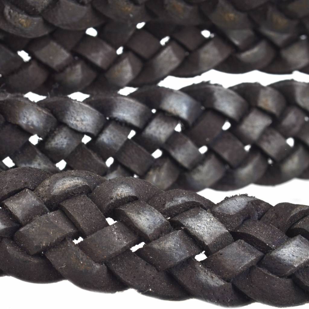 Vintage gevlochten leer geschuurd Zwart 20x3mm - prijs per cm-Kraaltjes van Renate