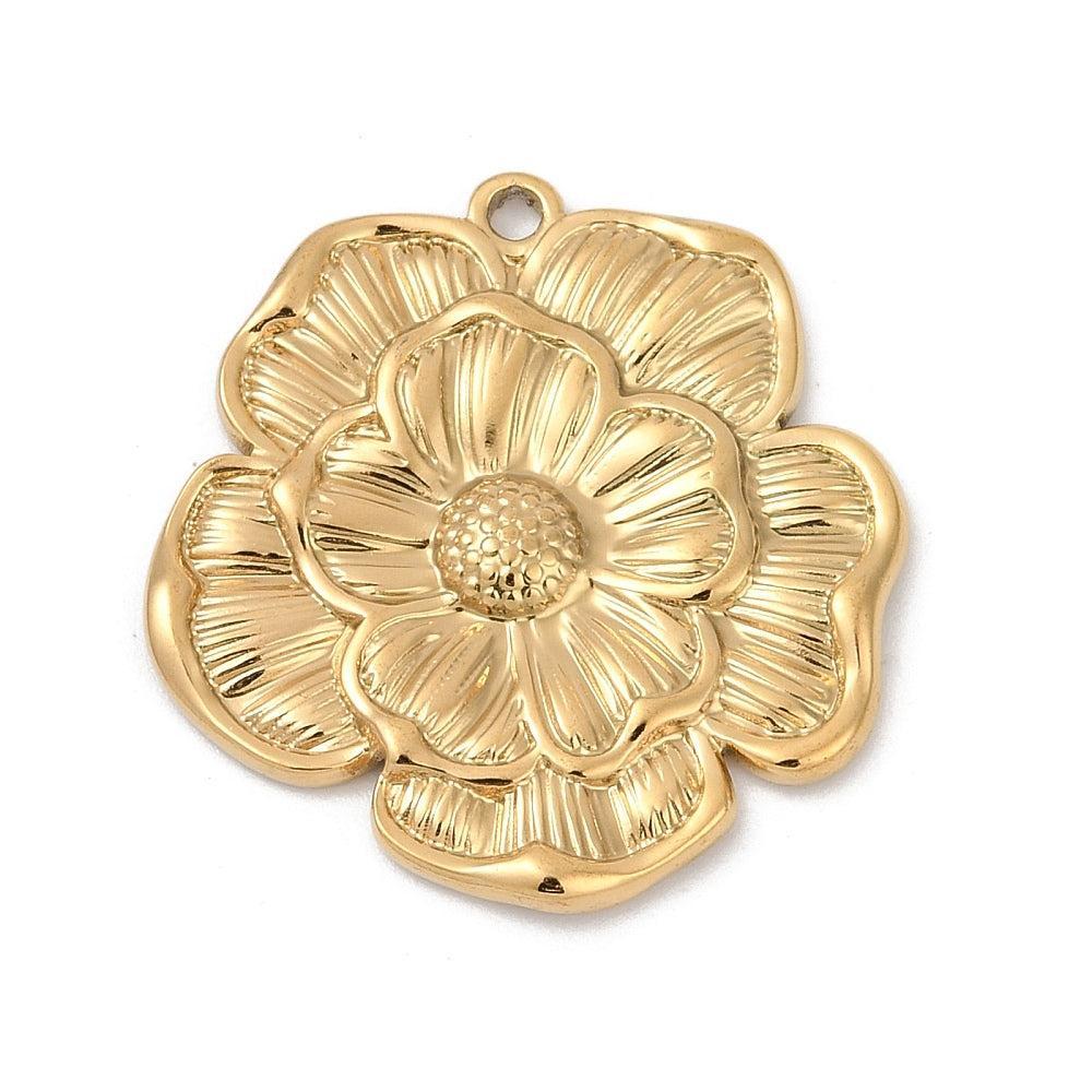 XL Bedel Bloem RVS 18K Gold Plated 27mm- per stuk-bedels-Kraaltjes van Renate