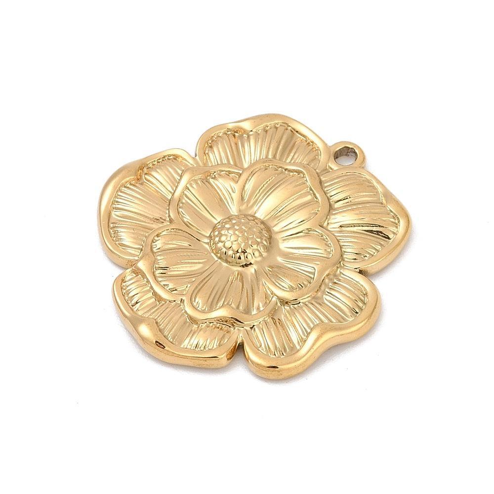 XL Bedel Bloem RVS 18K Gold Plated 27mm- per stuk-bedels-Kraaltjes van Renate